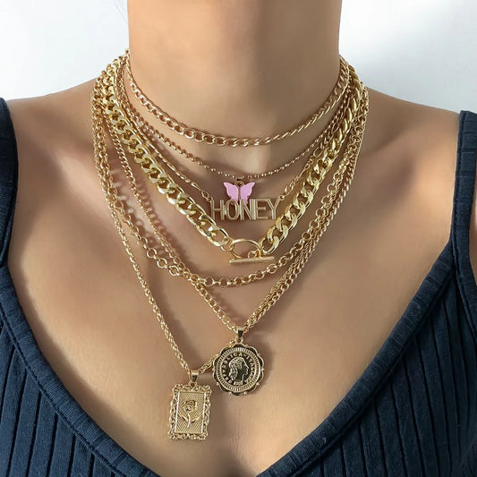 Unique 7-Piece Vintage Punk Necklace Set – Butterfly, Rose, & Honey Chain for Women